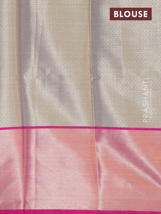Banarasi kora saree teal green and magenta pink with allover zari weaves and long zari woven border - {{ collection.title }} by Prashanti Sarees