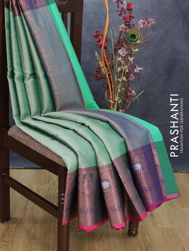 Banarasi kora saree teal green and navy blue with allover copper zari woven buttas and annam copper zari woven border - {{ collection.title }} by Prashanti Sarees