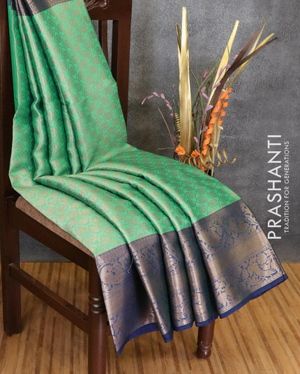 Banarasi kora saree teal green and navy blue with allover zari weaves and annam zari woven border - {{ collection.title }} by Prashanti Sarees
