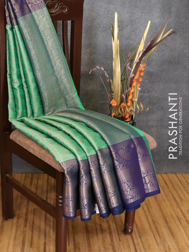 Banarasi kora saree teal green and navy blue with allover zari weaves and annam zari woven border - {{ collection.title }} by Prashanti Sarees