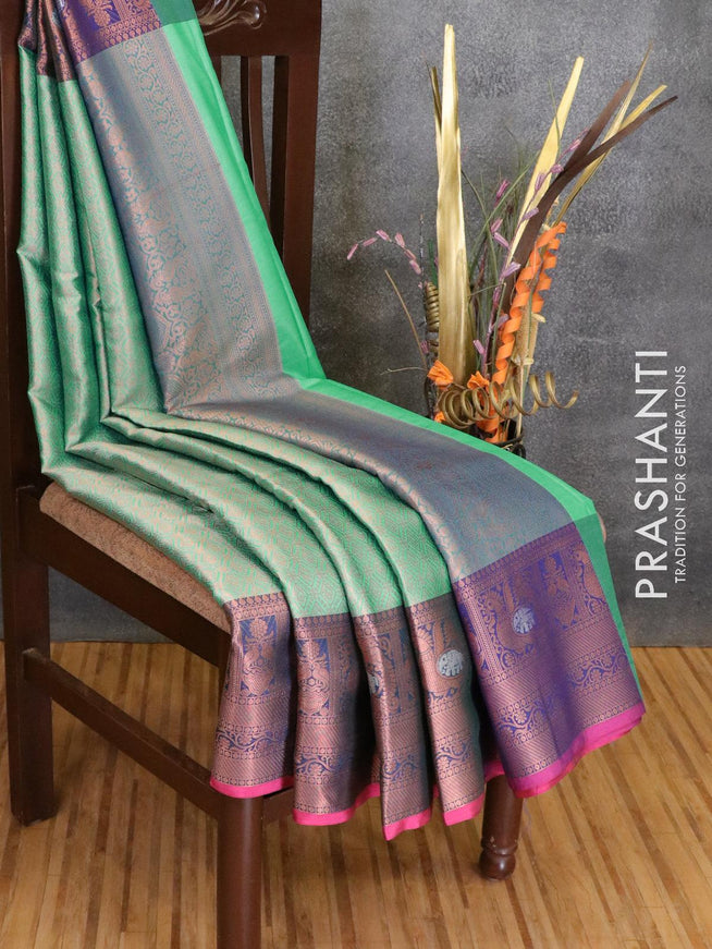 Banarasi kora saree teal green and pink with allover copper zari weaves and annam copper zari woven border - {{ collection.title }} by Prashanti Sarees