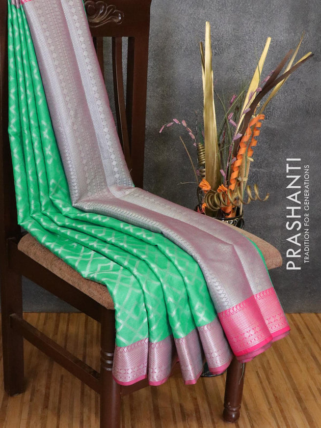Banarasi kora saree teal green and pink with allover geometric silver zari weaves and silver zari woven border - {{ collection.title }} by Prashanti Sarees