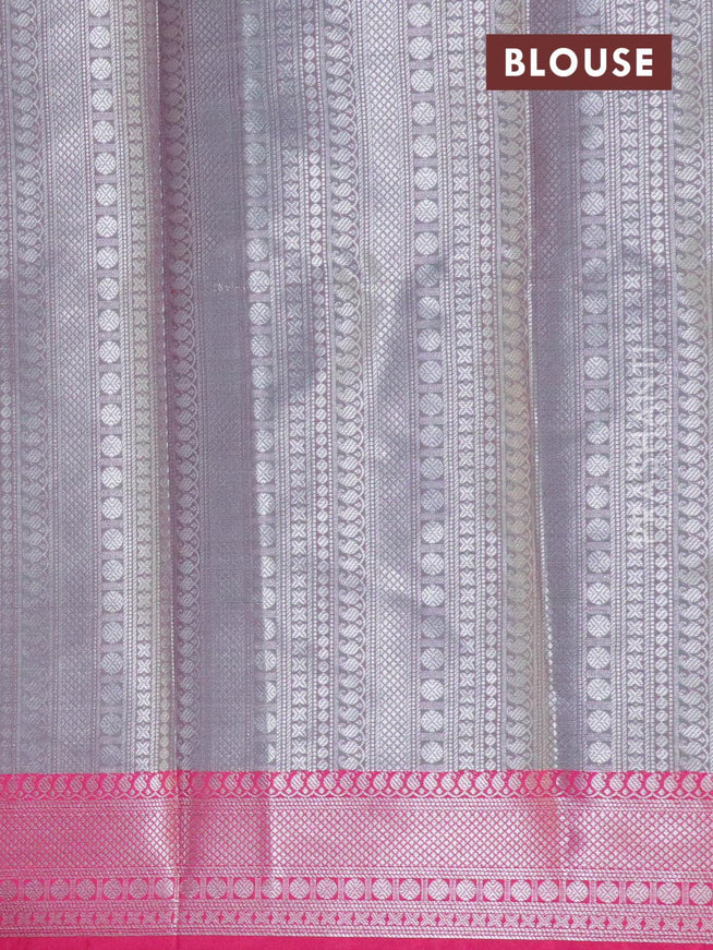 Banarasi kora saree teal green and pink with allover geometric silver zari weaves and silver zari woven border - {{ collection.title }} by Prashanti Sarees