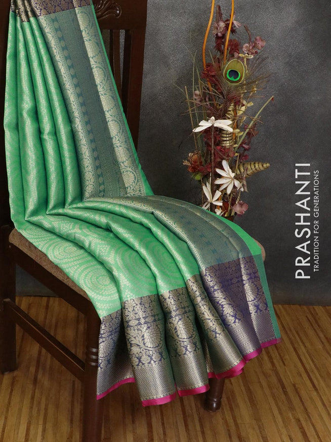Banarasi kora saree teal green and pink with allover geometric zari weaves and zari woven border - {{ collection.title }} by Prashanti Sarees