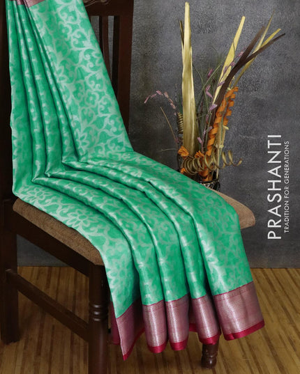 Banarasi kora saree teal green and pink with allover silver zari weaves and silver zari woven border - {{ collection.title }} by Prashanti Sarees