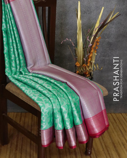 Banarasi kora saree teal green and pink with allover silver zari weaves and silver zari woven border - {{ collection.title }} by Prashanti Sarees