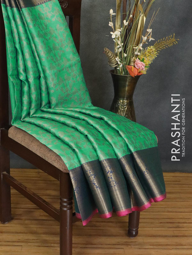 Banarasi kora saree teal green and pink with allover zari weaves and annam zari woven border - {{ collection.title }} by Prashanti Sarees
