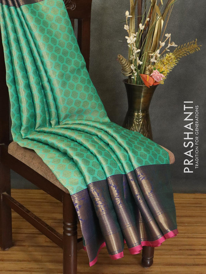 Banarasi kora saree teal green and pink with allover zari weaves and long floral zari woven border - {{ collection.title }} by Prashanti Sarees
