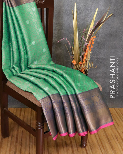 Banarasi kora saree teal green and pink with allover zari weaves and long zari woven border - {{ collection.title }} by Prashanti Sarees