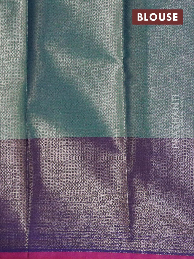 Banarasi kora saree teal green and pink with allover zari weaves and long zari woven border - {{ collection.title }} by Prashanti Sarees