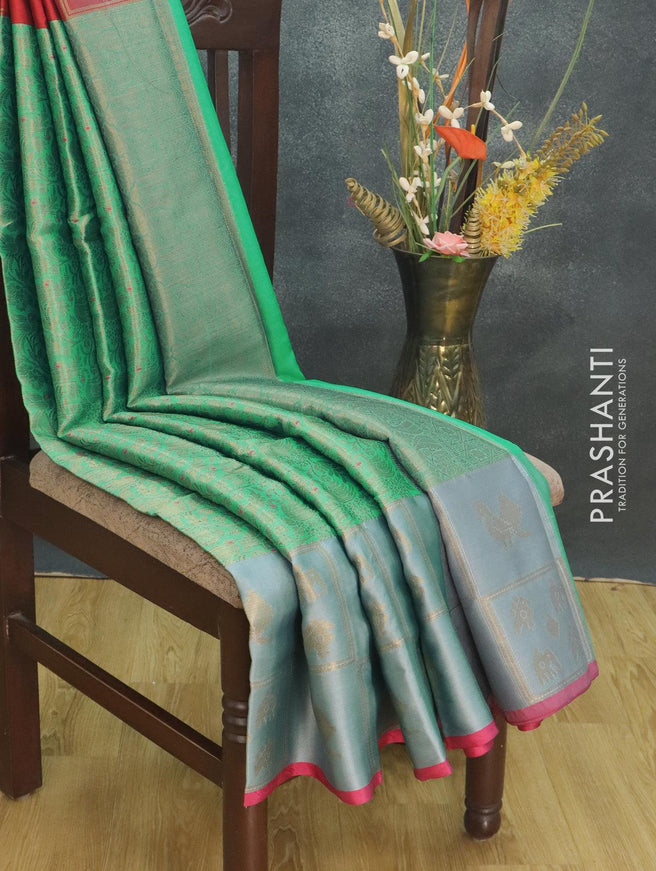 Banarasi kora saree teal green and pink with allover zari weaves and thread woven butta border - {{ collection.title }} by Prashanti Sarees