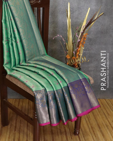 Banarasi kora saree teal green and pink with allover zari weaves and zari woven border - {{ collection.title }} by Prashanti Sarees