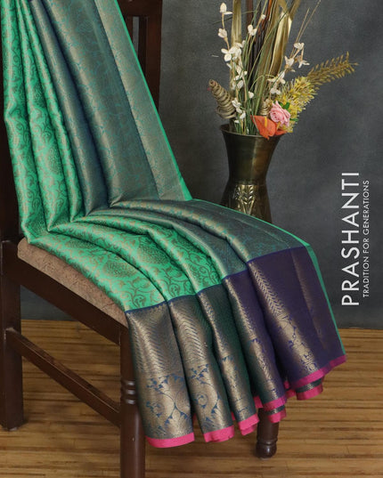 Banarasi kora saree teal green and pink with allover zari weaves and zari woven border - {{ collection.title }} by Prashanti Sarees