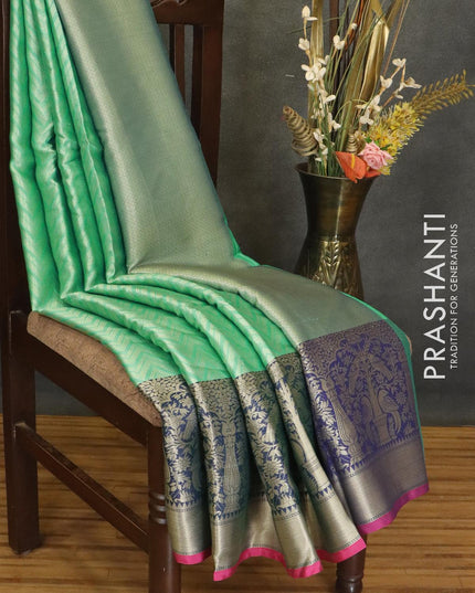 Banarasi kora saree teal green and pink with allover zig zag zari weaves and long zari woven border - {{ collection.title }} by Prashanti Sarees