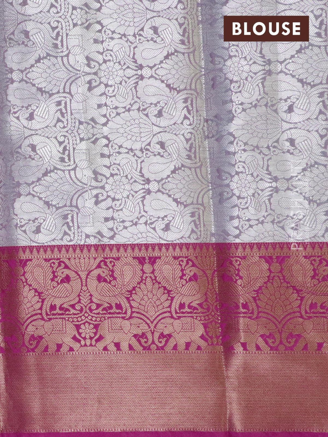 Banarasi kora saree teal green and purple with allover annam silver zari weaves and long copper zari woven border - {{ collection.title }} by Prashanti Sarees