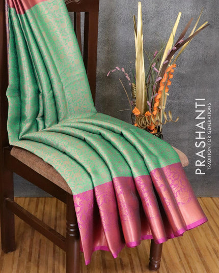 Banarasi kora saree teal green and purple with allover copper zari weaves and long copper zari woven border - {{ collection.title }} by Prashanti Sarees