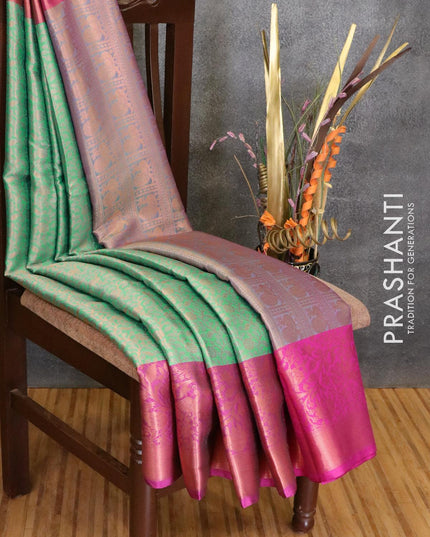 Banarasi kora saree teal green and purple with allover copper zari weaves and long copper zari woven border - {{ collection.title }} by Prashanti Sarees