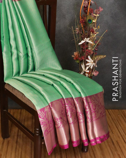 Banarasi kora saree teal green and purple with allover leaf zari weaves and long zari woven border - {{ collection.title }} by Prashanti Sarees