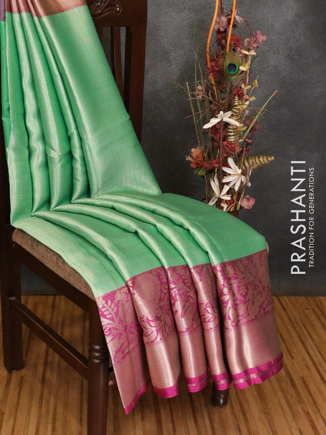 Banarasi kora saree teal green and purple with allover leaf zari weaves and long zari woven border - {{ collection.title }} by Prashanti Sarees