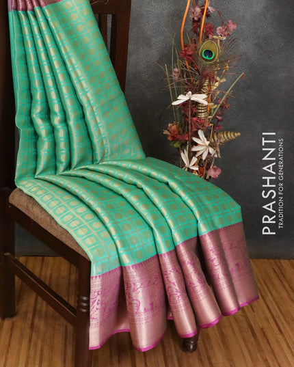 Banarasi kora saree teal green and purple with allover zari checks & buttas and zari woven border - {{ collection.title }} by Prashanti Sarees
