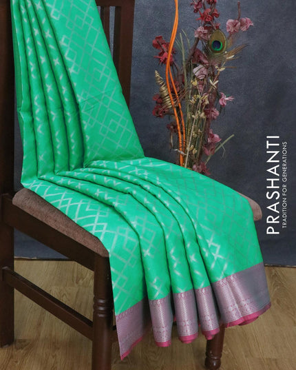 Banarasi kora saree teal green and purple with allover zari weaves and long rich zari woven border - {{ collection.title }} by Prashanti Sarees