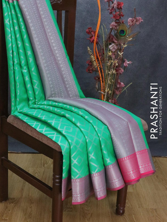 Banarasi kora saree teal green and purple with allover zari weaves and long rich zari woven border - {{ collection.title }} by Prashanti Sarees