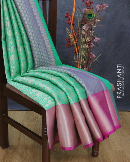 Banarasi kora saree teal green and purple with allover zari weaves and long zari woven border - {{ collection.title }} by Prashanti Sarees