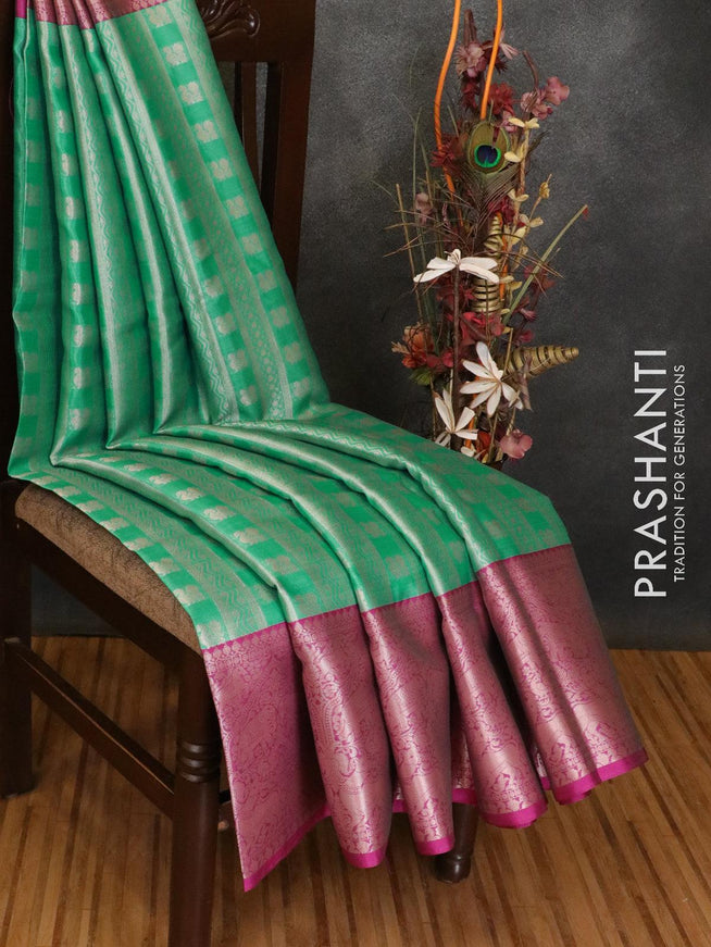 Banarasi kora saree teal green and purple with allover zari weaves and zari woven border - {{ collection.title }} by Prashanti Sarees