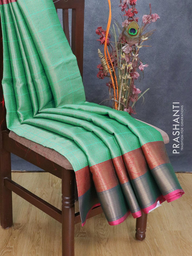 Banarasi kora saree teal green and red with allover zari weaves and zari woven annam border - {{ collection.title }} by Prashanti Sarees
