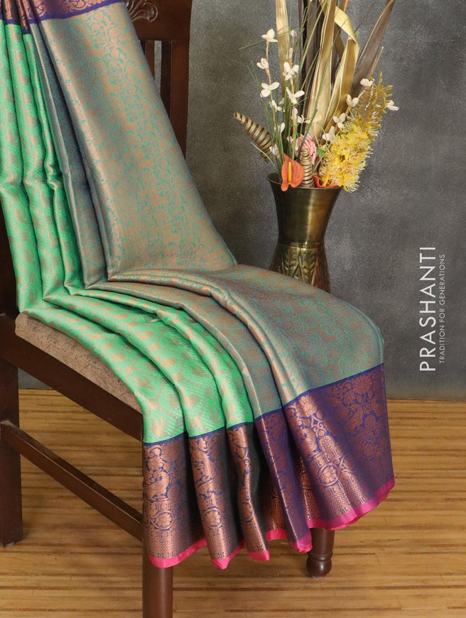 Banarasi kora saree teal green shade and navy blue with allover copper zari weaves and copper zari woven border - {{ collection.title }} by Prashanti Sarees