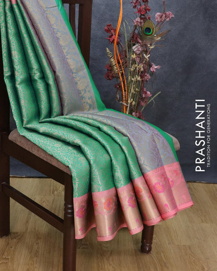 Banarasi kora saree teal green shade and pastel pink with allover zari weaves and zari woven floral border - {{ collection.title }} by Prashanti Sarees