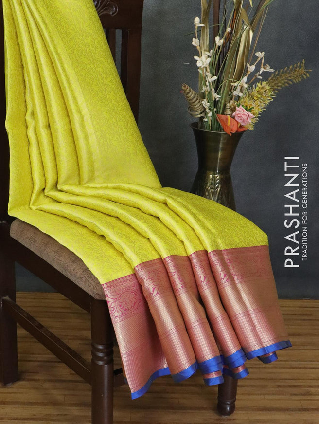 Banarasi kora saree yellow and blue with allover zari weaves and long floral zari woven border - {{ collection.title }} by Prashanti Sarees