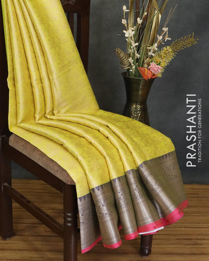 Banarasi kora saree yellow and blue with allover zari weaves and zari woven border - {{ collection.title }} by Prashanti Sarees