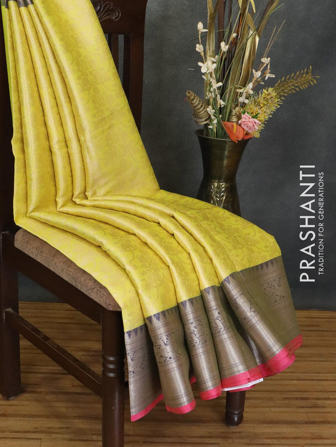 Banarasi kora saree yellow and blue with allover zari weaves and zari woven border - {{ collection.title }} by Prashanti Sarees
