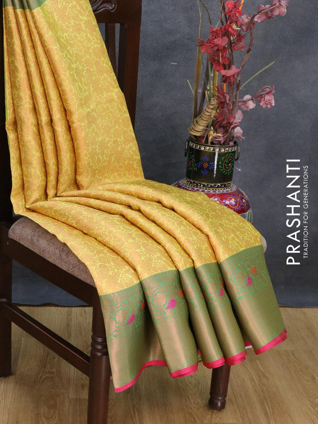 Banarasi kora saree yellow and green with allover copper zari weaves and zari woven border - {{ collection.title }} by Prashanti Sarees