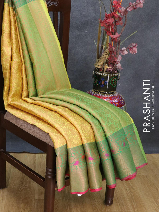 Banarasi kora saree yellow and green with allover copper zari weaves and zari woven border - {{ collection.title }} by Prashanti Sarees