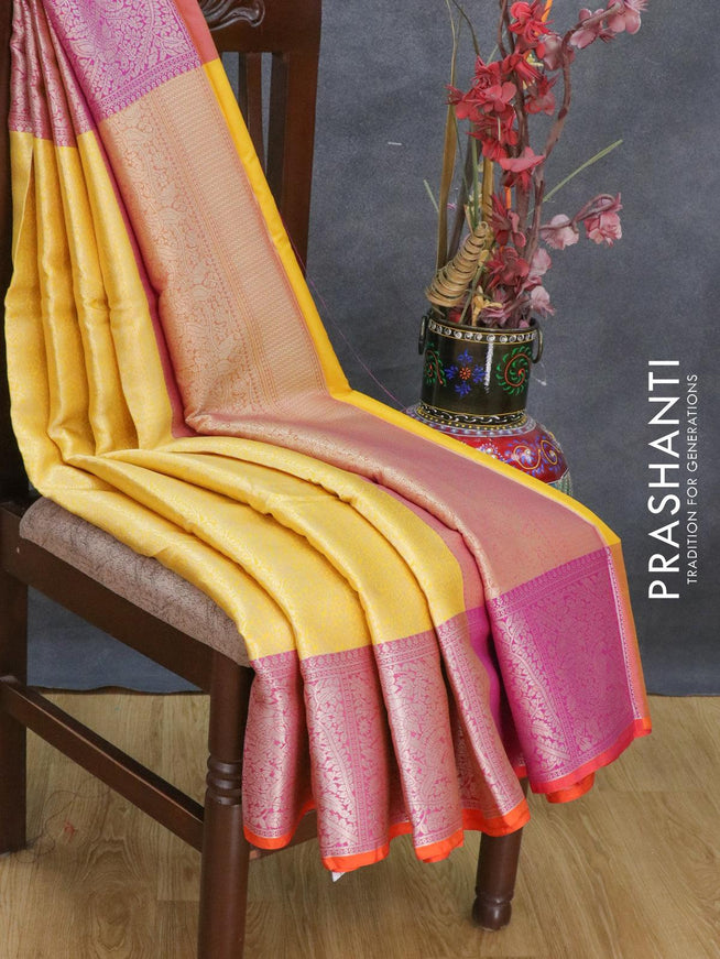 Banarasi kora saree yellow and orange with allover zari weaves and zari woven border - {{ collection.title }} by Prashanti Sarees