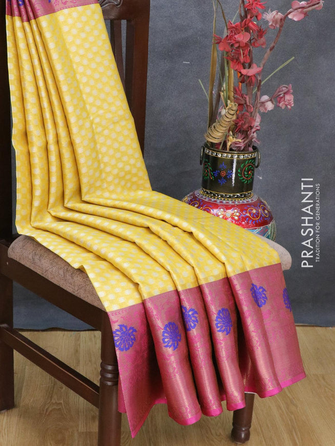 Banarasi kora saree yellow and pink with allover zari weaves & buttas and long floral zari woven border - {{ collection.title }} by Prashanti Sarees