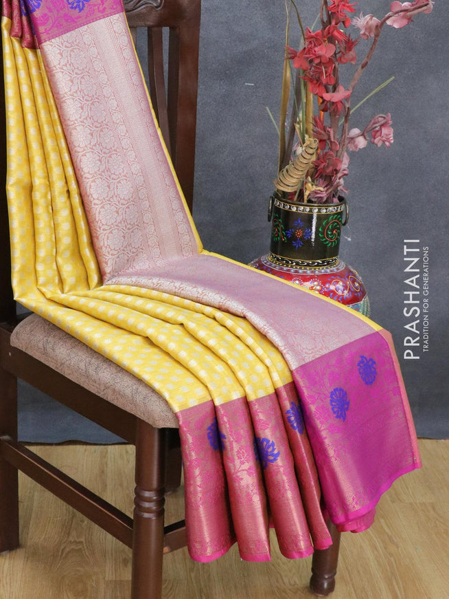 Banarasi kora saree yellow and pink with allover zari weaves & buttas and long floral zari woven border - {{ collection.title }} by Prashanti Sarees