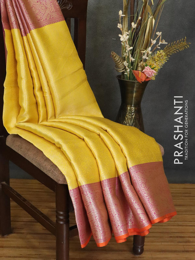 Banarasi kora saree yellow and pink with allover zari weaves and zari woven border - {{ collection.title }} by Prashanti Sarees