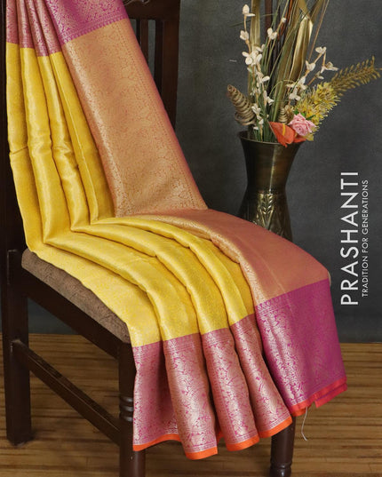 Banarasi kora saree yellow and pink with allover zari weaves and zari woven border - {{ collection.title }} by Prashanti Sarees