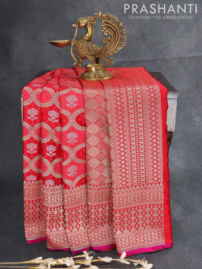 Banarasi satin silk saree red and pink with allover self emboss & zari weaves and zari woven border - {{ collection.title }} by Prashanti Sarees