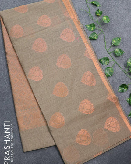 Banarasi semi cotton saree chikku shade with copper zari woven buttas and zari woven piping border - {{ collection.title }} by Prashanti Sarees