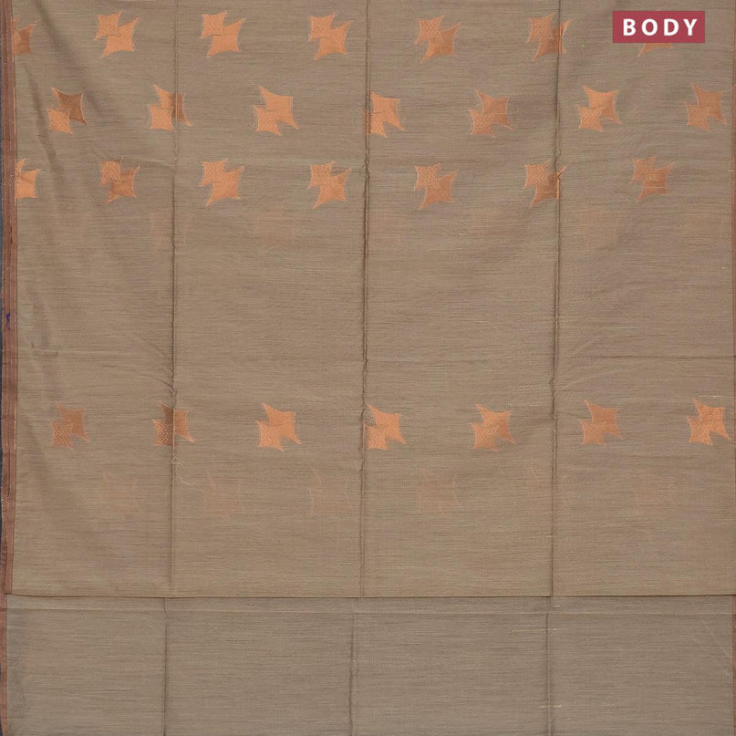 Banarasi semi cotton saree chikku shade with copper zari woven geometric buttas and piping zari woven border - {{ collection.title }} by Prashanti Sarees
