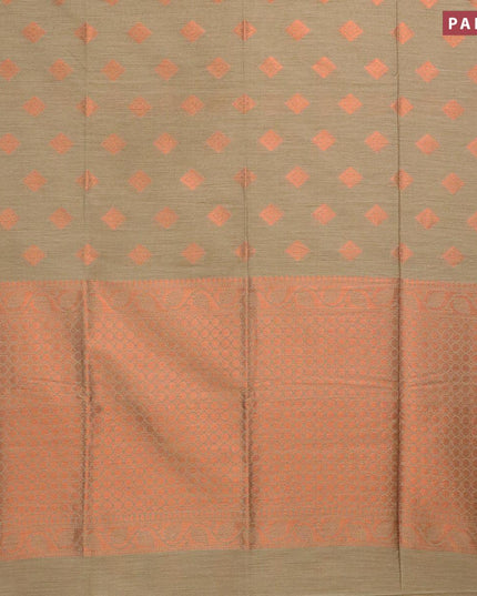Banarasi semi cotton saree chikku shade with geometric copper zari woven buttas and zari woven piping border - {{ collection.title }} by Prashanti Sarees