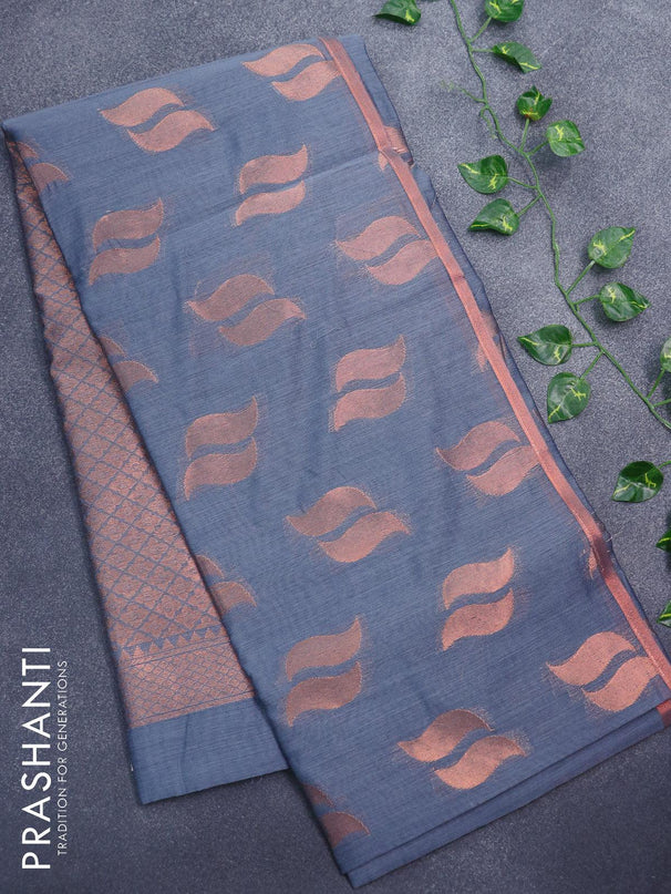 Banarasi semi cotton saree grey with copper zari woven buttas and zari woven piping border - {{ collection.title }} by Prashanti Sarees