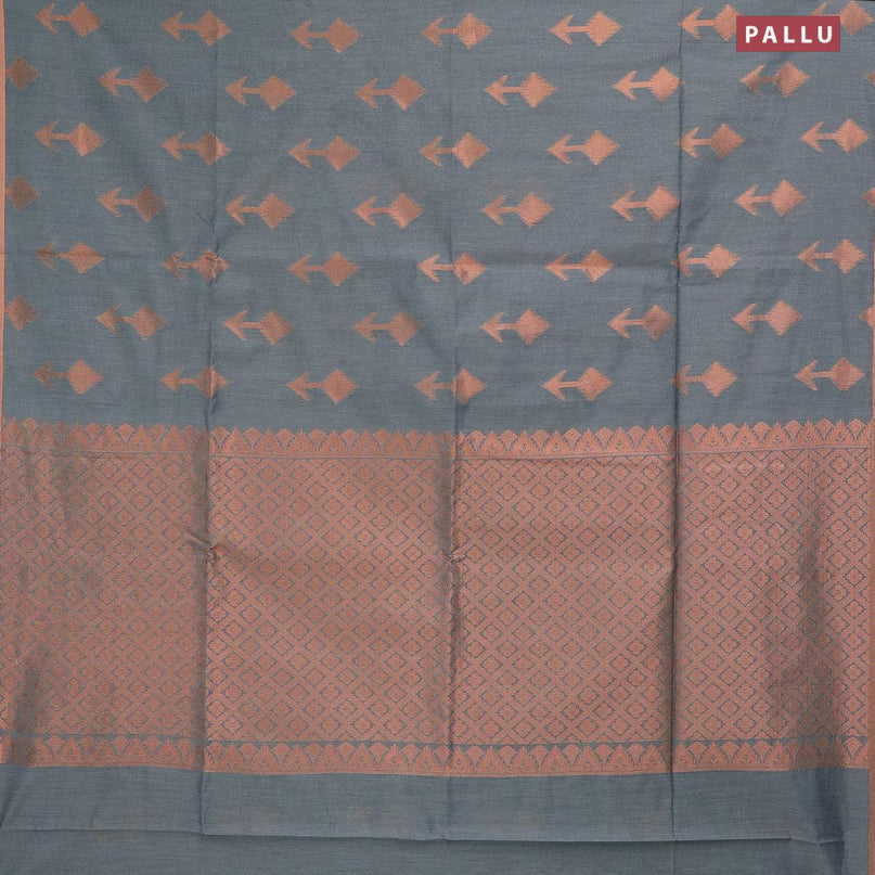Banarasi semi cotton saree grey with copper zari woven geometric buttas and piping zari woven border - {{ collection.title }} by Prashanti Sarees