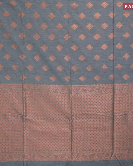 Banarasi semi cotton saree grey with geometric copper zari woven buttas and zari woven piping border - {{ collection.title }} by Prashanti Sarees