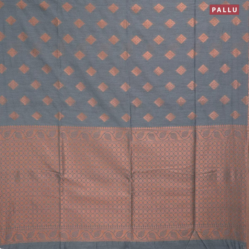 Banarasi semi cotton saree grey with geometric copper zari woven buttas and zari woven piping border - {{ collection.title }} by Prashanti Sarees