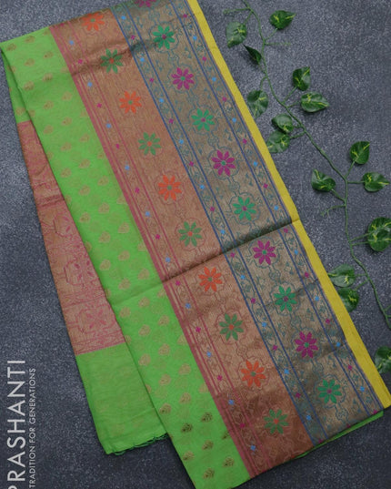 Banarasi semi cotton saree light green and pink with thread & zari woven buttas and long paithani border - {{ collection.title }} by Prashanti Sarees